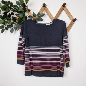 Loft Wool Blend Striped 3/4 Sleeve Crew Neck Sweater